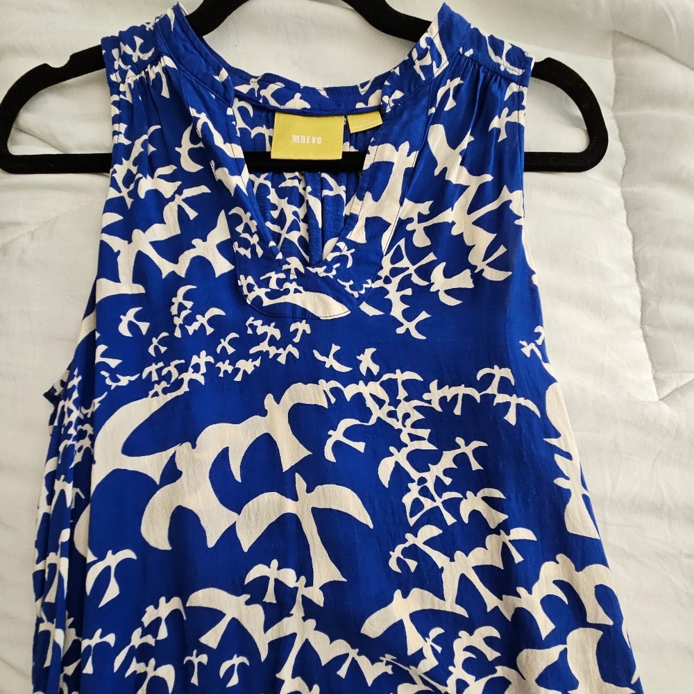 Anthropologie Maeve Enna Tank Top Bird Print in Blue & White Sleeveless Size 4